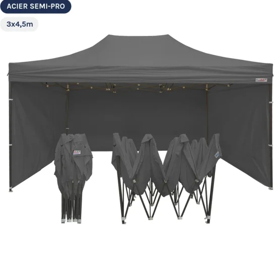 Tente Pliante Tonnelle Acier Semi Pro 3mx4,5m GRIS + Pack 4 Côtés