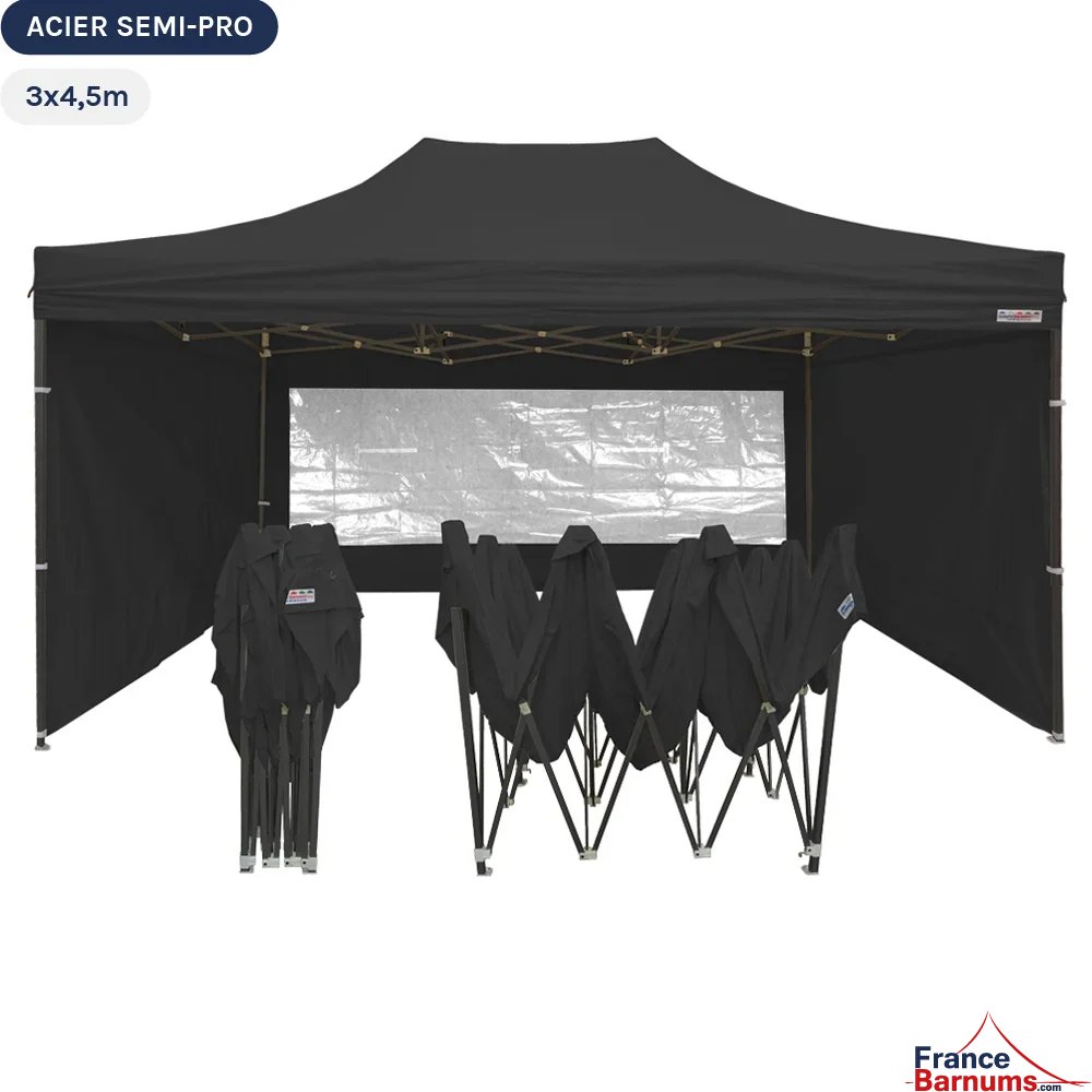 Tente Pliante Tonnelle Acier Semi Pro 3mx4,5m NOIR avec Pack Fenêtres