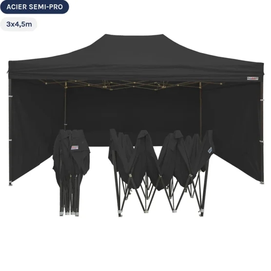 Tente Pliante Tonnelle Acier Semi Pro 3mx4,5m NOIR avec Pack 4 Côtés Tente Pliante Tonnelle Acier Semi Pro 3mx4,5m NOIR avec Pack 4 Côtés
