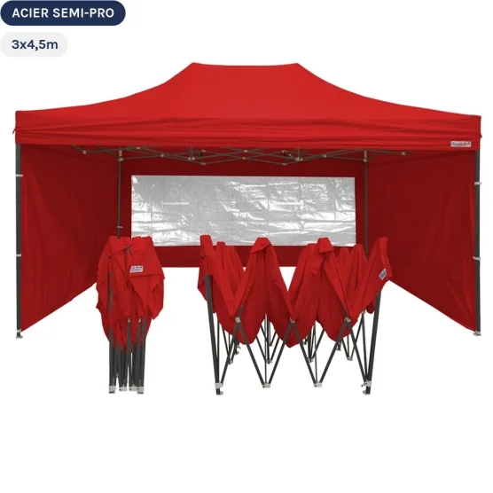 Tente Pliante Tonnelle Acier Semi Pro 3mx4,5m ROUGE avec Pack Fenêtres