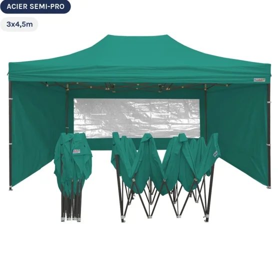 Tente Pliante Tonnelle Acier Semi Pro 3mx4,5m VERT EMERAUDE avec Pack Fenêtres