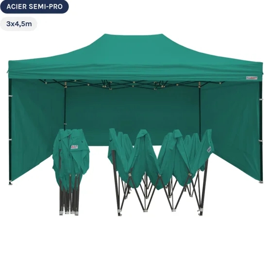 Tente Pliante Tonnelle Acier Semi Pro 3mx4,5m VERT EMERAUDE avec Pack 4 Côtés Tente Pliante Tonnelle Acier Semi Pro 3mx4,5m VERT EMERAUDE avec Pack 4 Côtés