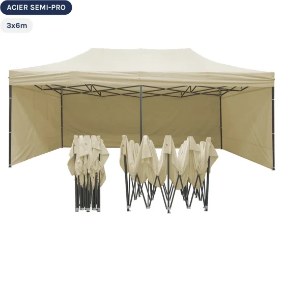 Tente Pliante Tonnelle Acier Semi Pro 3mx6m BEIGE avec Pack 4 Côtés Tente Pliante Tonnelle Acier Semi Pro 3mx6m BEIGE avec Pack 4 Côtés