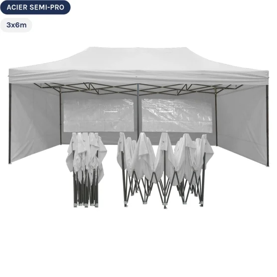 Tente Pliante Tonnelle Acier Semi Pro 3mx6m BLANC avec Pack Fenêtres