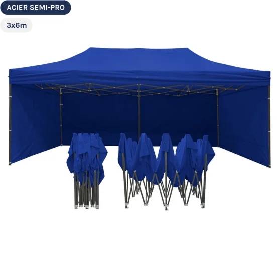 Tente Pliante Tonnelle Acier Semi Pro 3mx6m BLEU avec Pack 4 Côtés