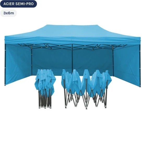 Tente Pliante Tonnelle Acier Semi Pro 3mx6m BLEU AZUR avec Pack 4 Côtés