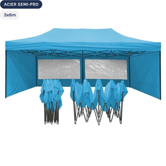 Tente Pliante Tonnelle Acier Semi Pro 3mx6m BLEU AZUR avec Pack Fenêtres