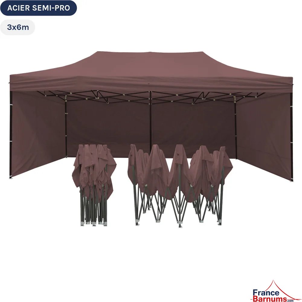 Tente Pliante Tonnelle Acier Semi Pro 3mx6m BRUN CACAO avec Pack 4 Côtés