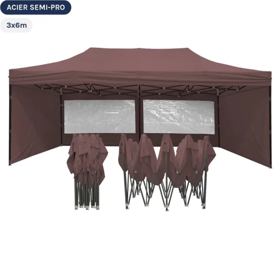 Tente Pliante  Tonnelle Acier Semi Pro 3mx6m BRUN CACAO avec Pack Fenêtres
