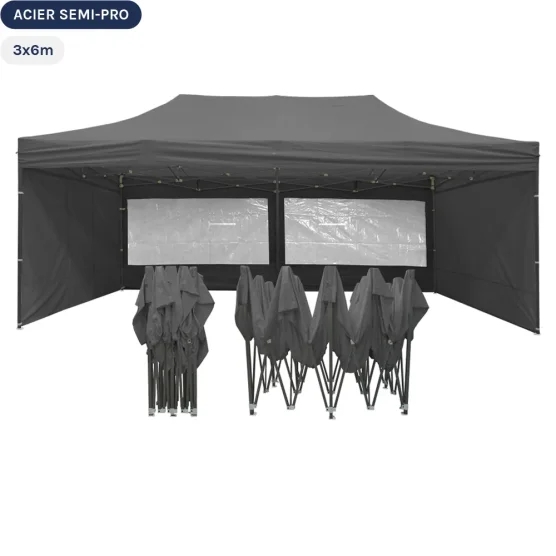 Tente Pliante Tonnelle Acier Semi Pro 3mx6m GRIS avec Pack Fenêtres Tente Pliante Tonnelle Acier Semi Pro 3mx6m GRIS avec Pack Fenêtres
