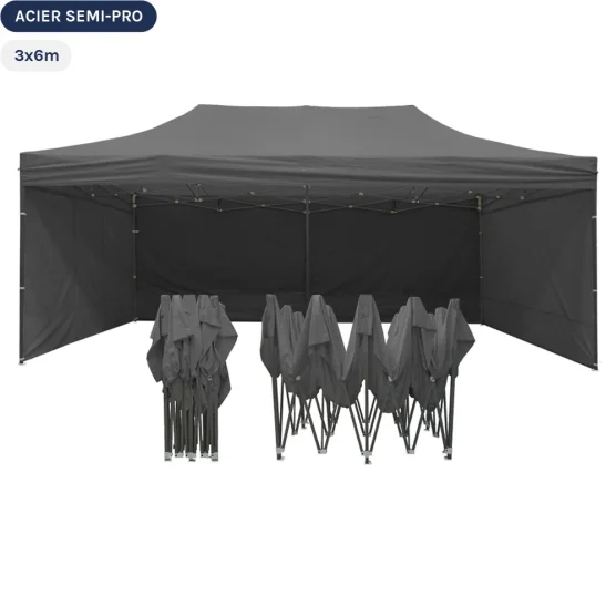 Tente Pliante Tonnelle Acier Semi Pro 3mx6m GRIS avec Pack 4 Côtés Tente Pliante Tonnelle Acier Semi Pro 3mx6m GRIS avec Pack 4 Côtés