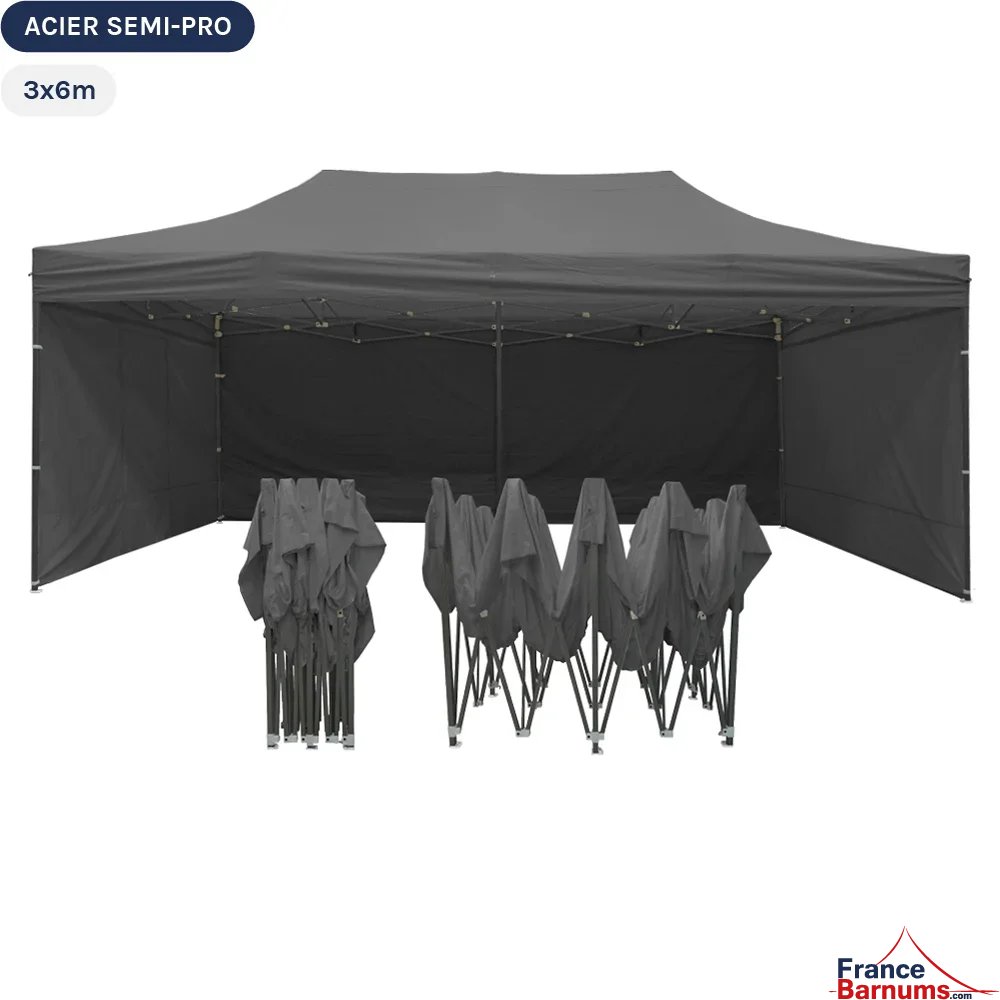 Tente Pliante Tonnelle Acier Semi Pro 3mx6m GRIS avec Pack 4 Côtés