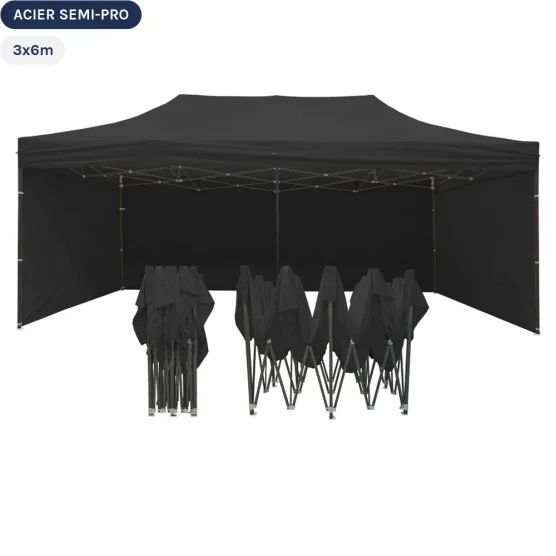 Tente Pliante Tonnelle Acier Semi Pro 3mx6m NOIR avec Pack 4 Côtés Tente Pliante Tonnelle Acier Semi Pro 3mx6m NOIR avec Pack 4 Côtés