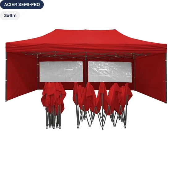 Tente Pliante Tonnelle Acier Semi Pro 3mx6m ROUGE avec Pack Fenêtres Tente Pliante Tonnelle Acier Semi Pro 3mx6m ROUGE avec Pack Fenêtres