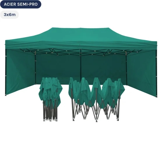 Tente Pliante Tonnelle Acier Semi Pro 3mx6m VERT EMERAUDE avec Pack 4 Côtés