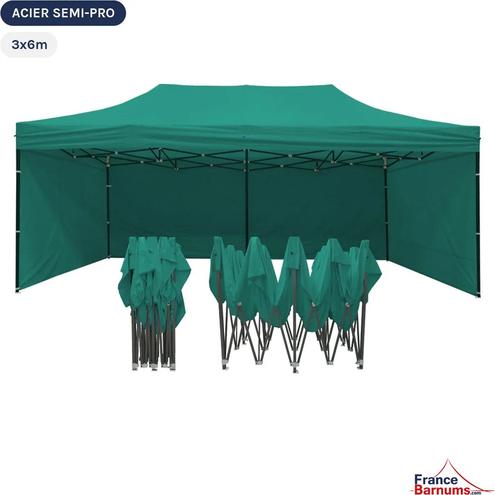 Tente Pliante Tonnelle Acier Semi Pro 3mx6m VERT EMERAUDE avec Pack 4 Côtés