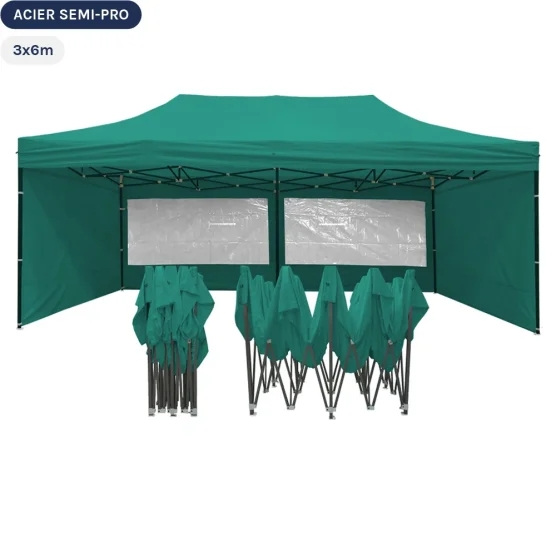Tente Pliante Tonnelle Acier Semi Pro 3mx6m VERT EMERAUDE avec Pack Fenêtres