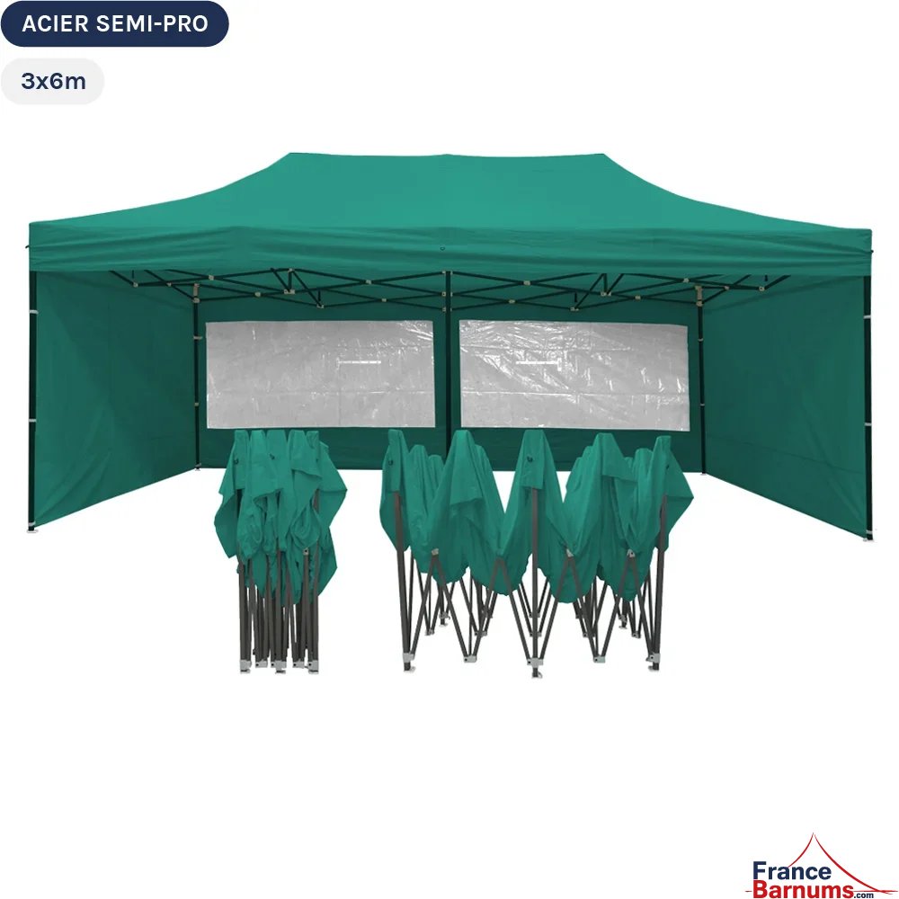 Tente Pliante Tonnelle Acier Semi Pro 3mx6m VERT EMERAUDE avec Pack Fenêtres