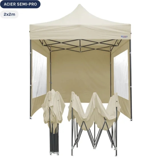 Tente Pliante Tonnelle Acier Semi Pro 2mx2m BEIGE avec Pack Fenêtres
