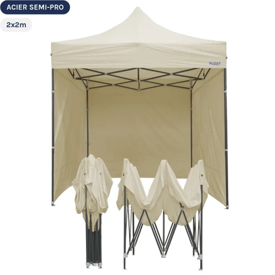 Tente Pliante Tonnelle Acier Semi Pro 2mx2m BEIGE avec Pack 4 Côtés Tente Pliante Tonnelle Acier Semi Pro 2mx2m BEIGE avec Pack 4 Côtés