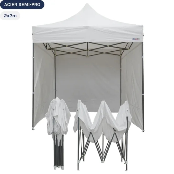 Tente Pliante Tonnelle Acier Semi Pro 2mx2m BLANC avec Pack 4 Côtés