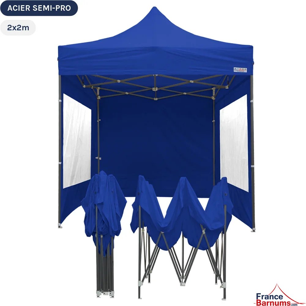 Tente Pliante Tonnelle Acier Semi Pro 2mx2m BLEU avec Pack Fenêtres