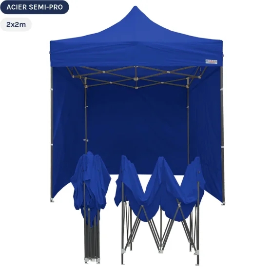 Tente Pliante Tonnelle Acier Semi Pro 2mx2m BLEU avec Pack 4 Côtés