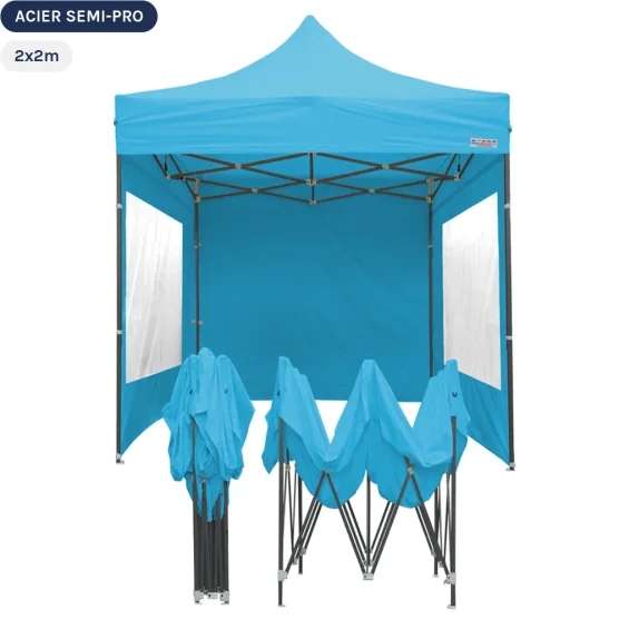 Tente Pliante Tonnelle Acier Semi Pro 2mx2m BLEU AZUR avec Pack Fenêtres Tente Pliante Tonnelle Acier Semi Pro 2mx2m BLEU AZUR avec Pack Fenêtres