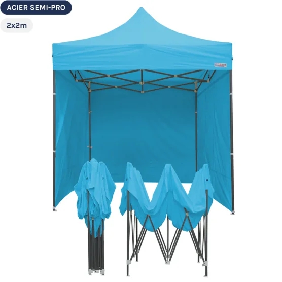 Tente Pliante Tonnelle Acier Semi Pro 2mx2m BLEU AZUR avec Pack 4 Côtés