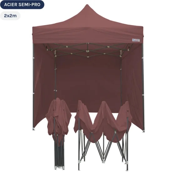 Tente Pliante Tonnelle Acier Semi Pro 2mx2m BRUN CACAO avec Pack 4 Côtés