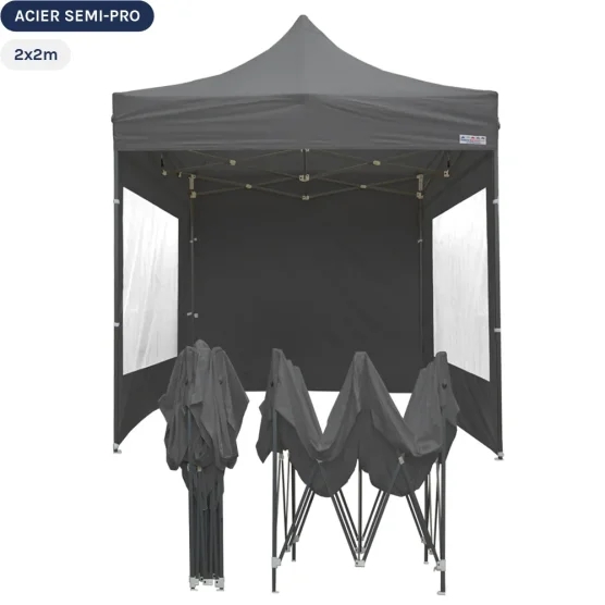 Tente pliante Tonnelle Acier Semi Pro 2mx2m GRIS avec Pack Fenêtres