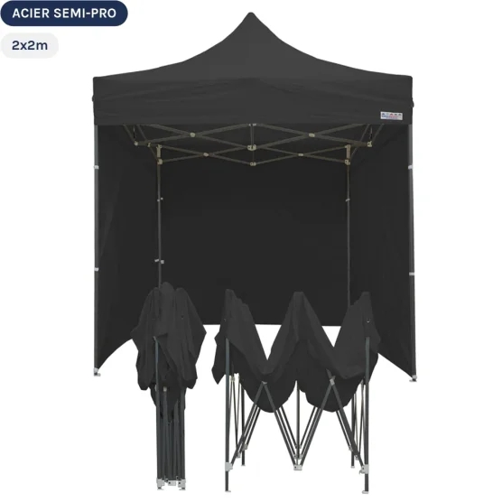 Tente Pliante Tonnelle Acier Semi Pro 2mx2m NOIR avec Pack 4 Côtés
