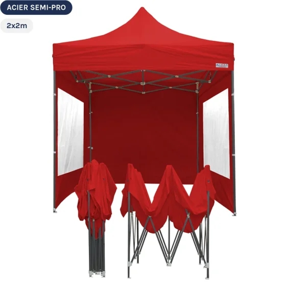 Tente Pliante Tonnelle Acier Semi Pro 2mx2m ROUGE avec Pack Fenêtres Tente Pliante Tonnelle Acier Semi Pro 2mx2m ROUGE avec Pack Fenêtres