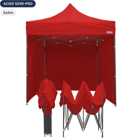 Tente Pliante Tonnelle Acier Semi Pro 2mx2m ROUGE avec Pack 4 Côtés