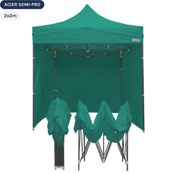 Tente Pliante Tonnelle Acier Semi Pro 2mx2m VERT EMERAUDE avec Pack 4 Côtés