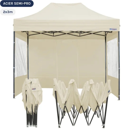 Tente Pliante Tonnelle Acier Semi Pro 2mx3m BEIGE avec Pack Fenêtres