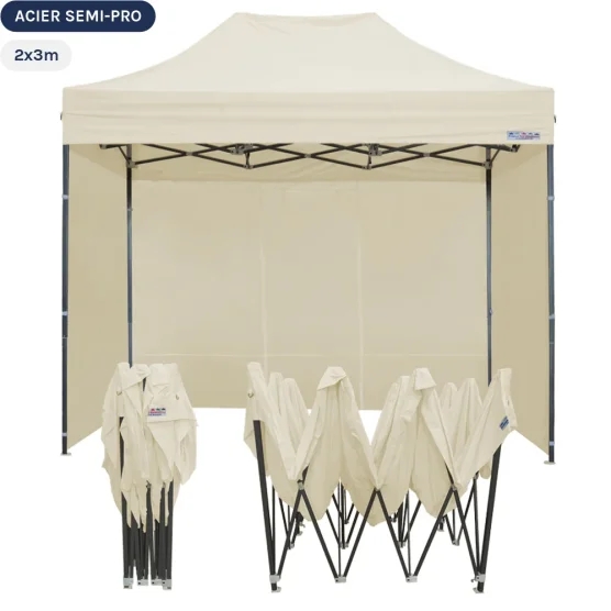 Tente Pliante Tonnelle Acier Semi Pro 2mx3m BEIGE avec Pack 4 Côtés