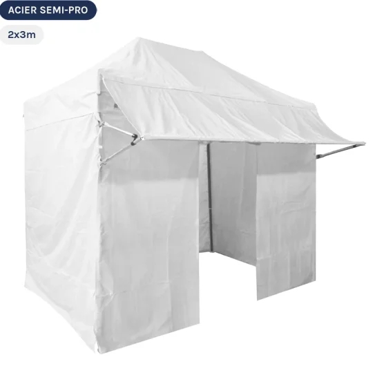 Tente Pliante Tonnelle Acier Semi Pro 2mx3m BLANC avec Pack 4 Côtés et Casquette amovible
