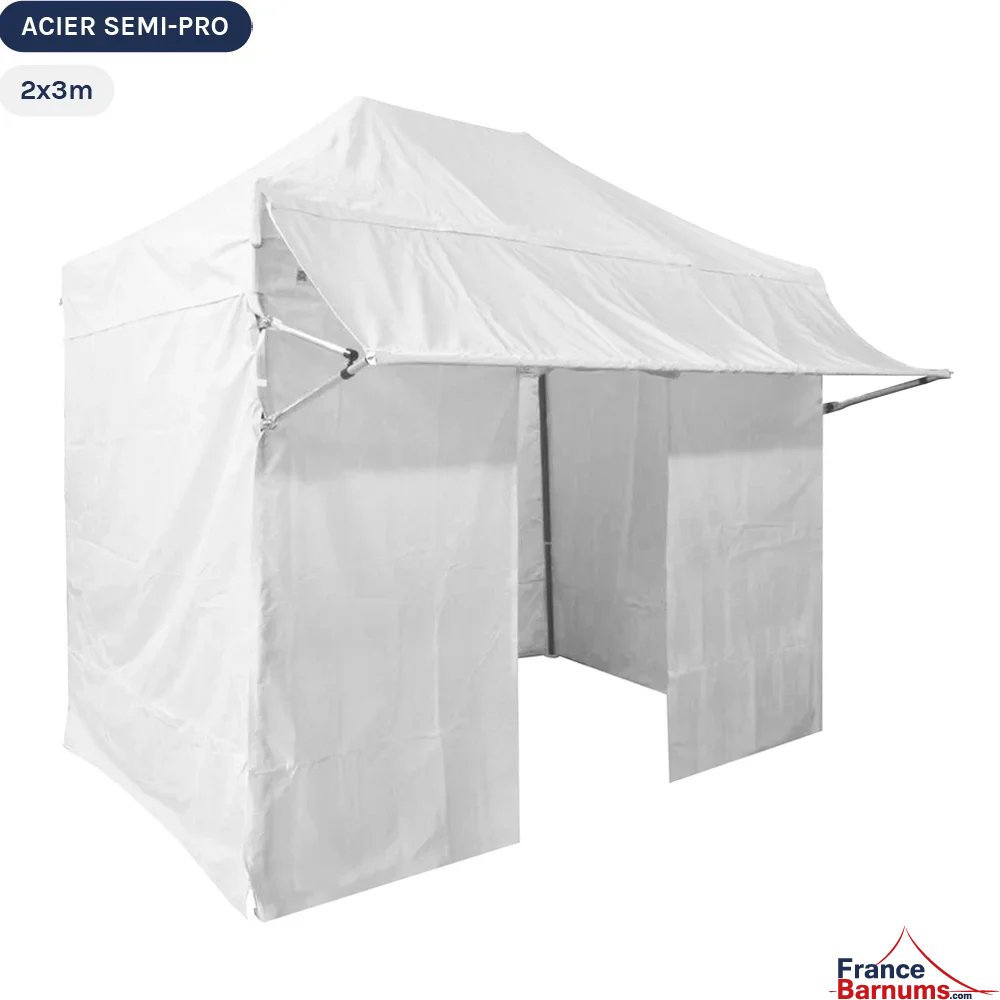 Tente Pliante Tonnelle Acier Semi Pro 2mx3m BLANC avec Pack 4 Côtés et Casquette amovible