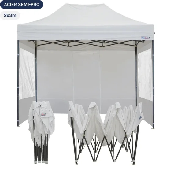 Tente Pliante Tonnelle Acier Semi Pro 2mx3m BLANC avec Pack Fenêtres