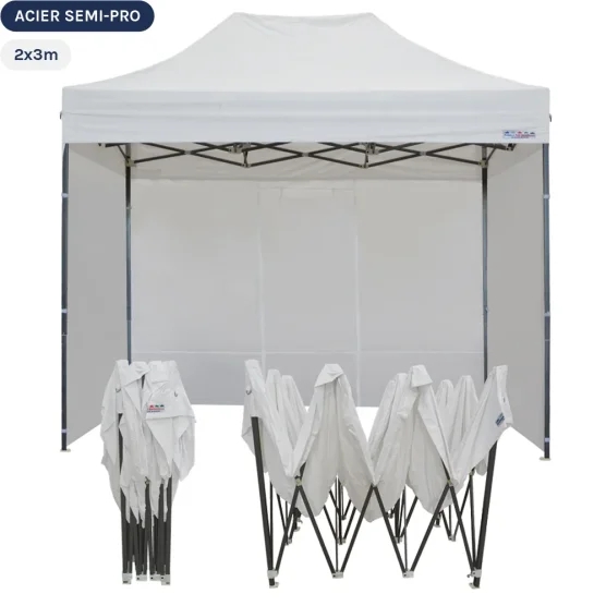 Tente Pliante Tonnelle Acier Semi Pro 2mx3m BLANC avec Pack 4 Côtés