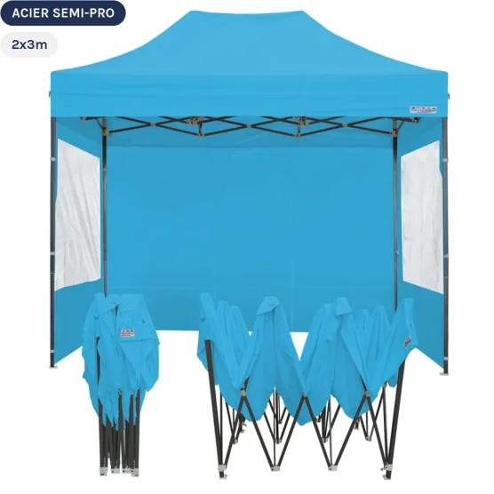 Tente Pliante Tonnelle Acier Semi Pro 2mx3m BLEU AZUR avec Pack Fenêtres