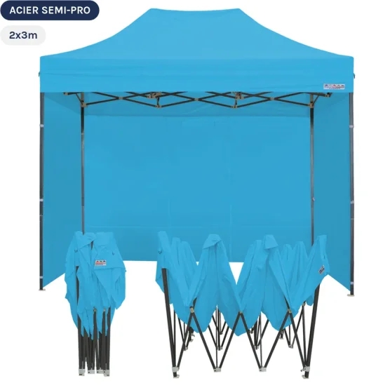Tente Pliante Tonnelle Acier Semi Pro 2mx3m BLEU AZUR avec Pack 4 Côtés