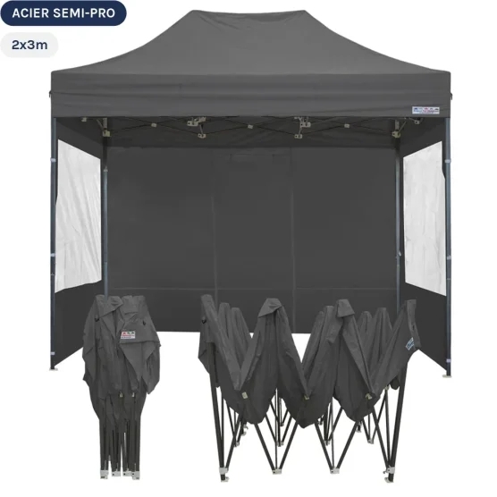 Tente Pliante Tonnelle Acier Semi Pro 2mx3m GRIS avec Pack Fenêtres