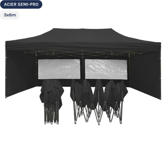 Tente Pliante Tonnelle Acier Semi Pro 3mx6m NOIR avec Pack Fenêtres Tente Pliante Tonnelle Acier Semi Pro 3mx6m NOIR avec Pack Fenêtres