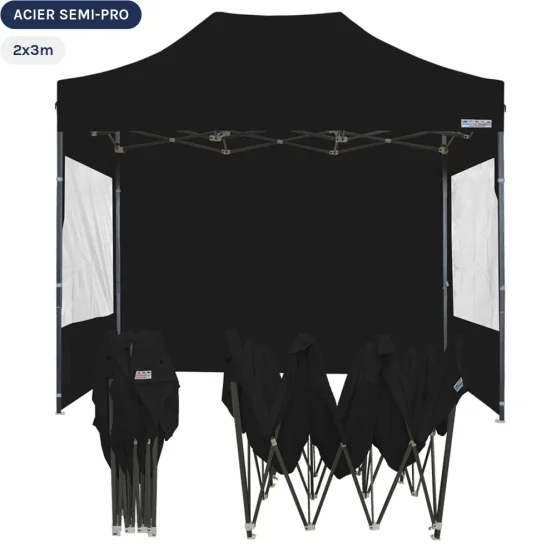 Tente Pliante Tonnelle Acier Semi Pro 2mx3m NOIR avec Pack Fenêtres
