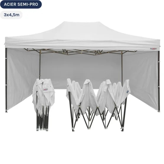 Tente Pliante Tonnelle Acier Semi Pro 3mx4,5m BLANC avec Pack 4 Côtés
