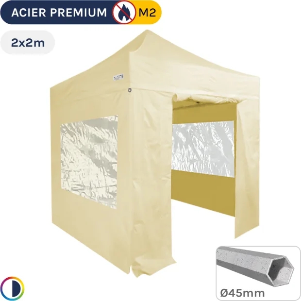Barnum Pliant - Stand Acier Premium M2 2x2m BEIGE + Pack Fenêtres 380gr/m²