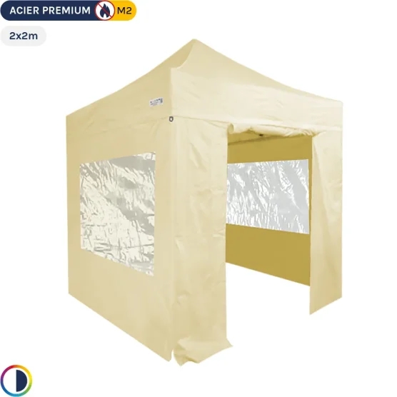 Tente Pliante - Stand Acier Premium M2 2x2m BEIGE + Pack Fenêtres 380gr/m²