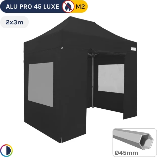 Barnum pliant - Tente pliante Alu Pro 45 LUXE M2 2mx3m NOIR + Pack Fenêtres 380gr/m²